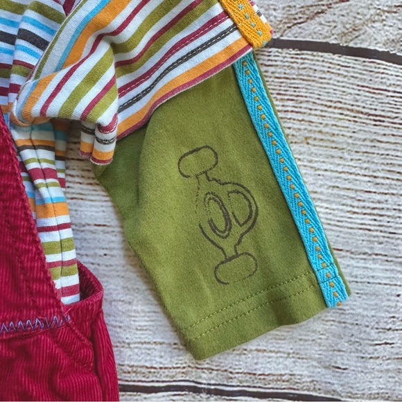 Rabbit Moon Maroon Race Car Overalls Yellow Green Striped Top Boy’s 6-9M - Picture 4 of 5